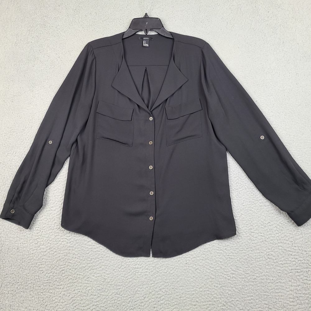 Forever 21 Womens Black Blouse Large Roll Tab Long Sleeve Button Down Pockets